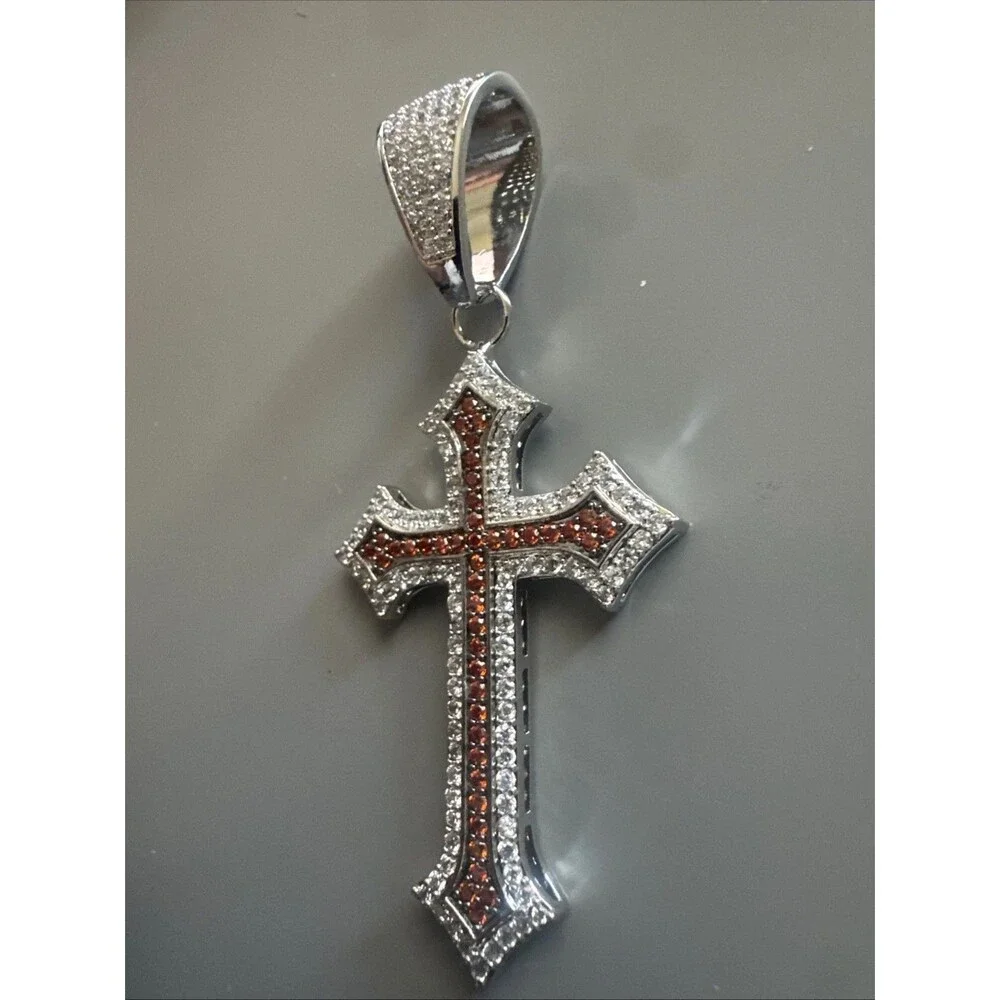 Silver Plated Red Cubic Zirconia Cross Pendant 24” Necklace Unisex Hip Hop